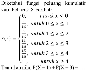 Diketahui fungsi peluang kumulatif variabel acak X beriku...