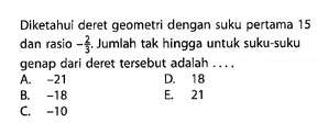 Diketahui deret geometri dengan suku pertama 15 dan rasio...