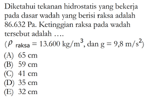 Diketahui tekanan hidrostatis yang bekerja pada dasar wad...