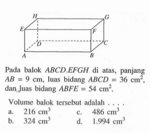 Pada balok ABCD.EFGH di atas, panjang AB=9 cm, luas bidan...