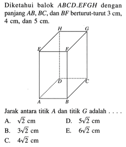 Diketahui balok ABCD.EFGH dengan panjang AB, BC, dan BF b...