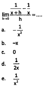 lim h -> 0 (1/x+h)-(1/x)/(h)=...