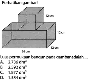 Perhatikan gambar! 12 cm 12 cm 12 cm 36 cm Luas permukaan...